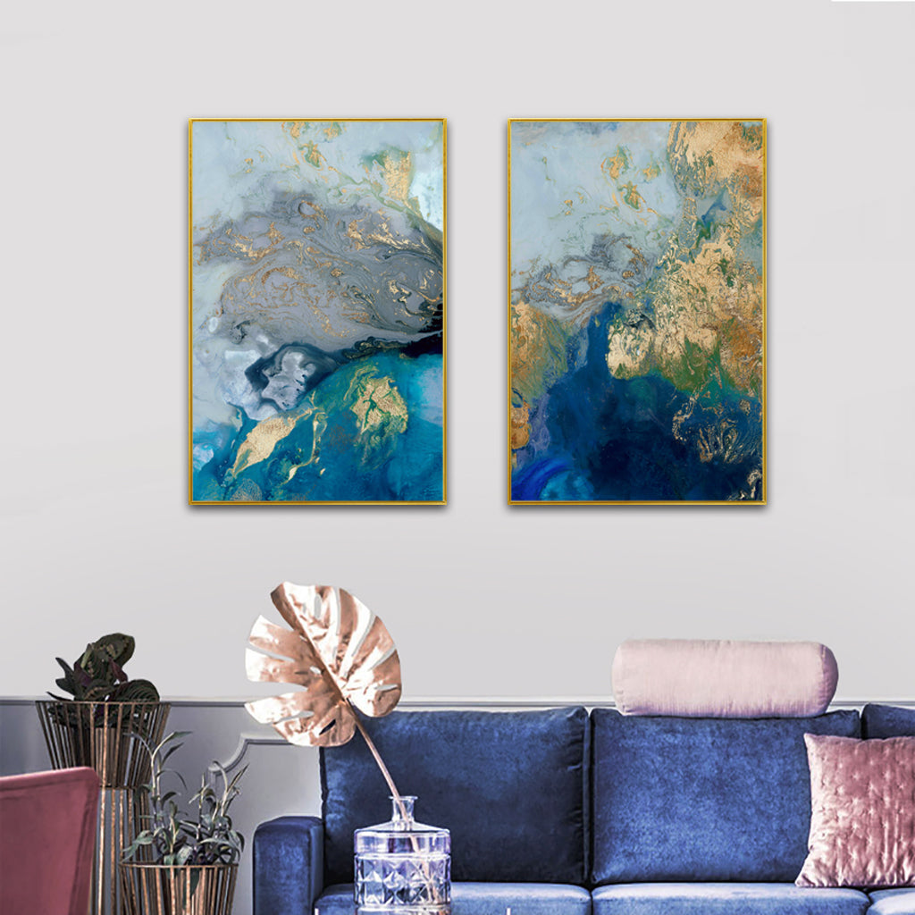 Wall art - Marbled Blue And Gold 2 sets- Canvas Prints- Poster Prints