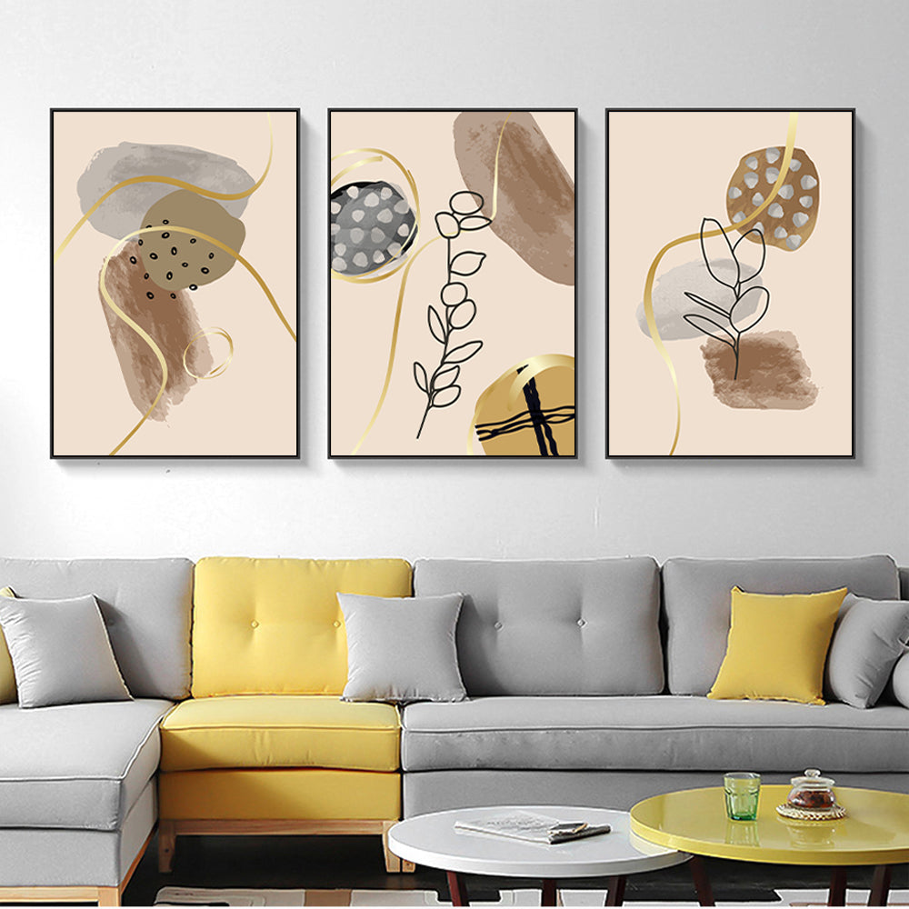 Wall Art  - Beige Leaves And Flowers 3 Sets - Poster Prints -Canvas Prints