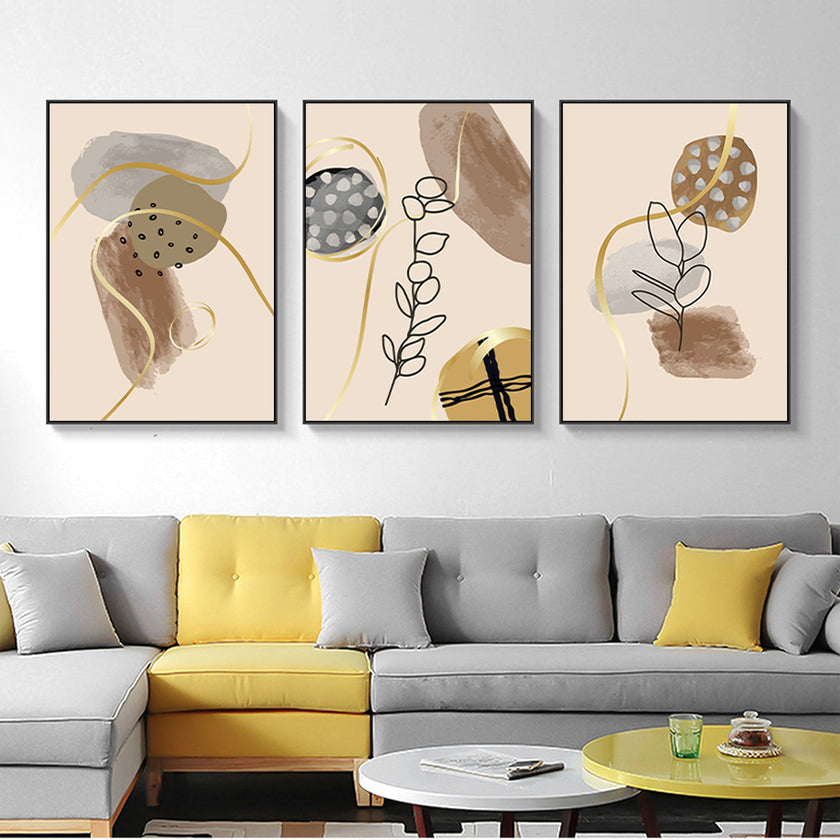 Wall Art  - Beige Leaves And Flowers 3 Sets - Poster Prints -Canvas Prints