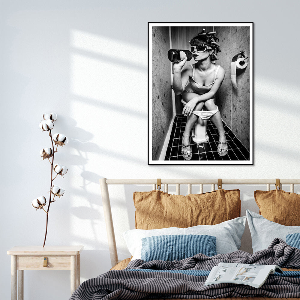 Wall Art - Woman Drinking On The Toilet - Canvas Prints-Poster Prints