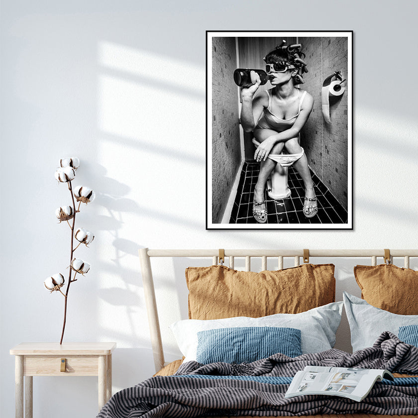 Wall Art - Woman Drinking On The Toilet - Canvas Prints-Poster Prints