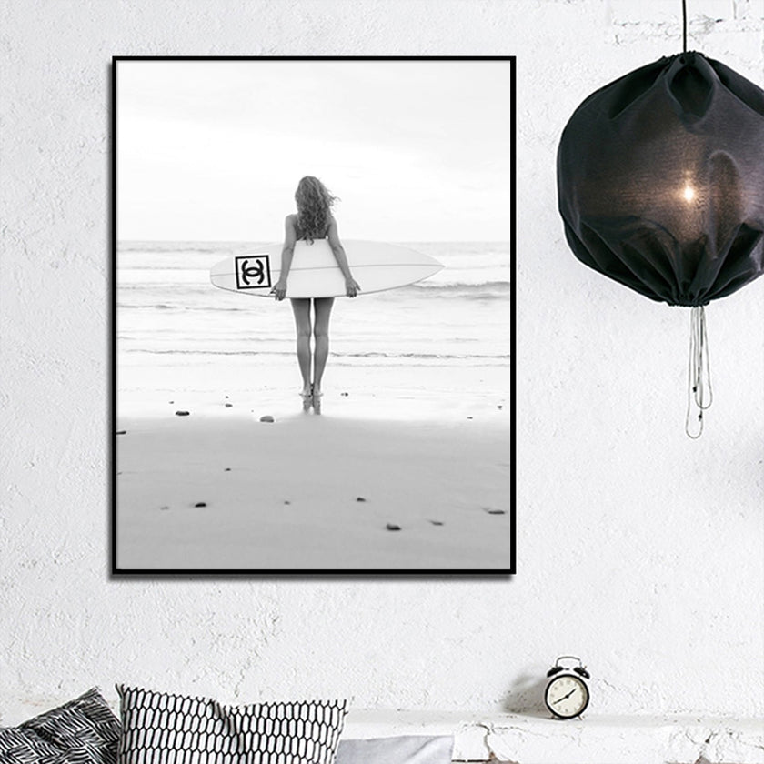 Wall Art - Surf Girl Black White - Canvas Prints-Poster Prints