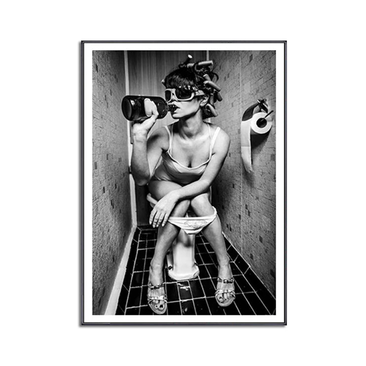 Wall Art - Woman Drinking On The Toilet - Canvas Prints-Poster Prints