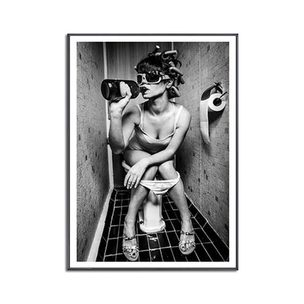 Wall Art - Woman Drinking On The Toilet - Canvas Prints-Poster Prints