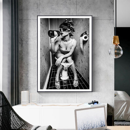 Wall Art - Woman Drinking On The Toilet - Canvas Prints-Poster Prints