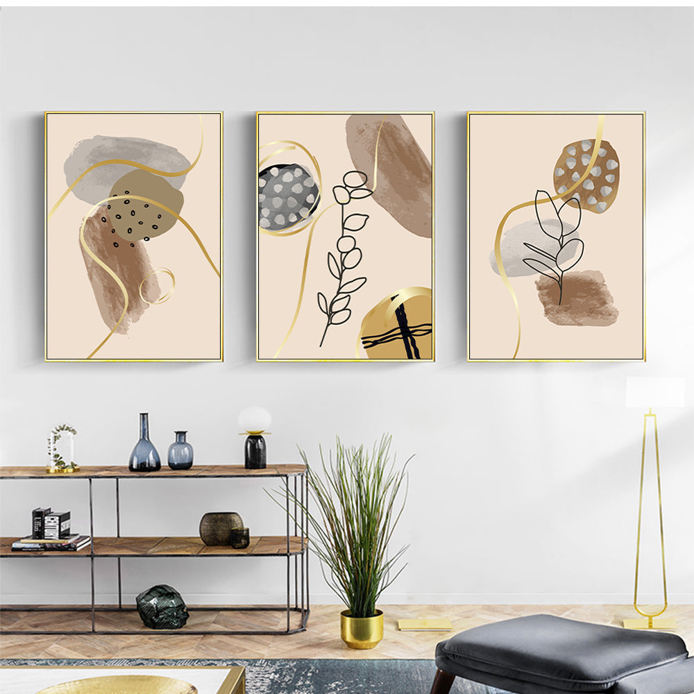 Wall Art  - Beige Leaves And Flowers 3 Sets - Poster Prints -Canvas Prints