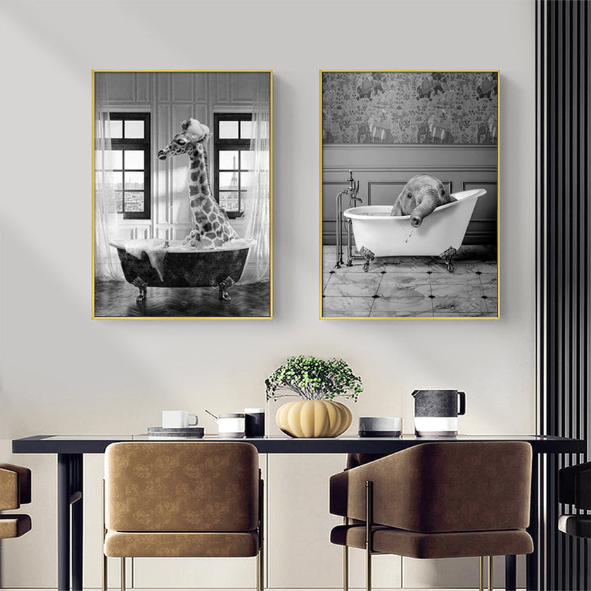 Wall art - Giraffe And Elephant In Bathroom (2 sets)- Canvas Prints- Poster Prints