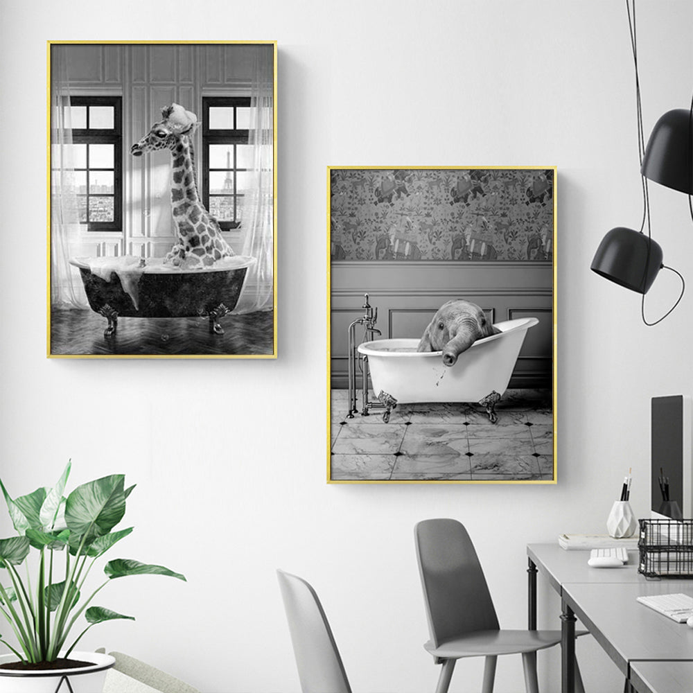 Wall art - Giraffe And Elephant In Bathroom (2 sets)- Canvas Prints- Poster Prints