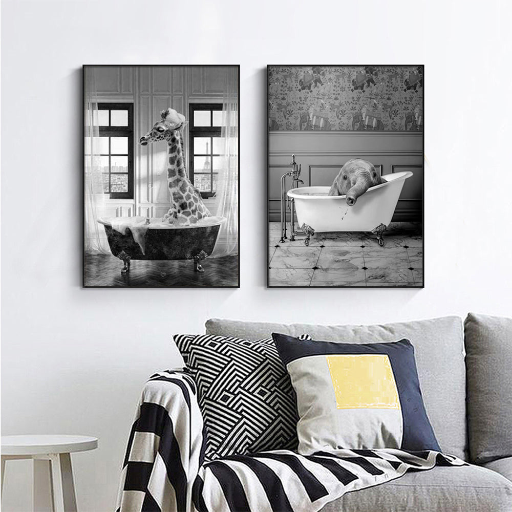 Wall art - Giraffe And Elephant In Bathroom (2 sets)- Canvas Prints- Poster Prints