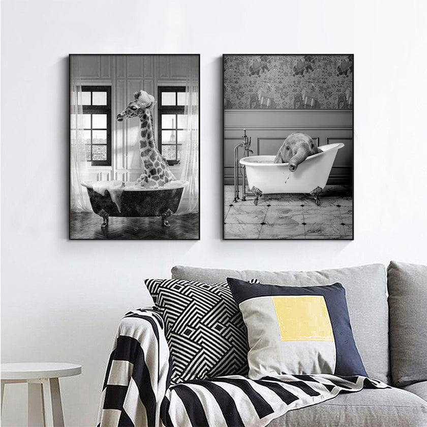 Wall art - Giraffe And Elephant In Bathroom (2 sets)- Canvas Prints- Poster Prints