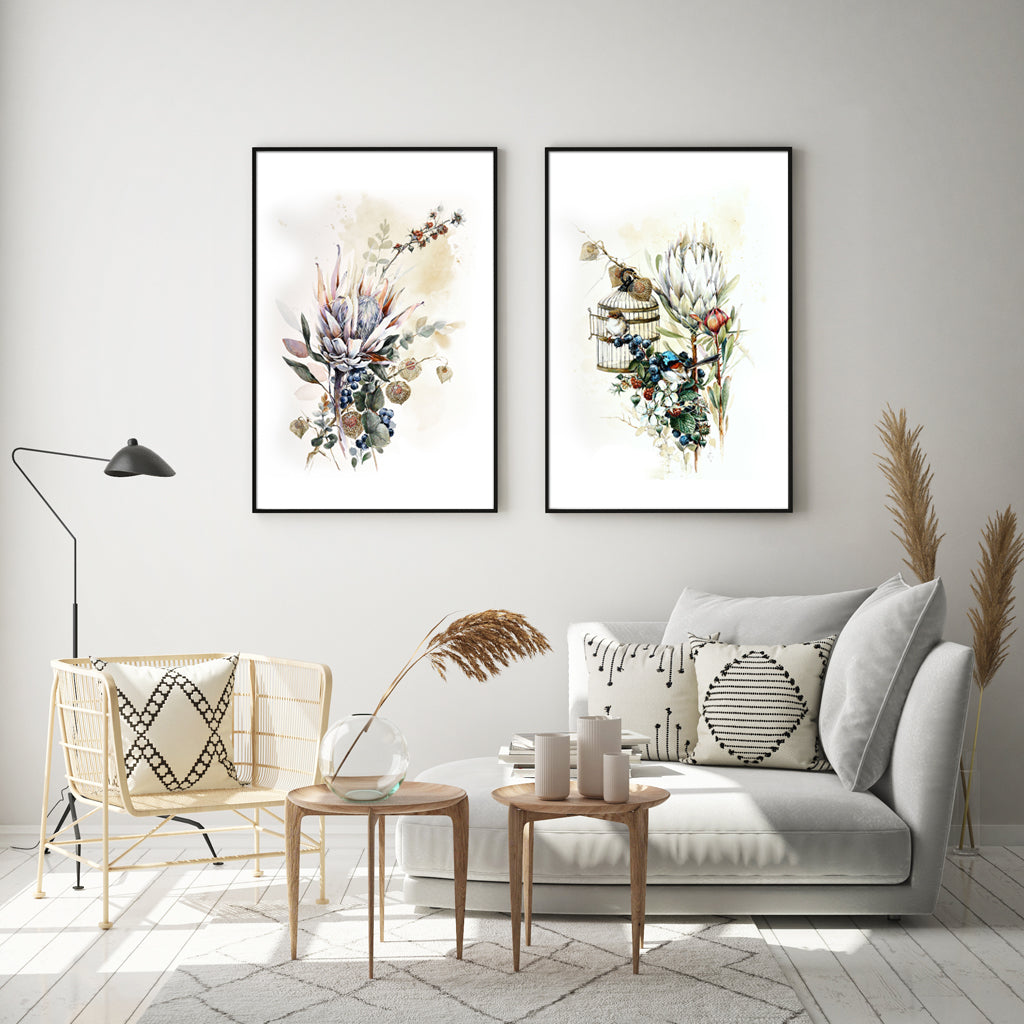 Wall art - Berries And Protea Watercolor Style B- Canvas Prints - Poster Prints