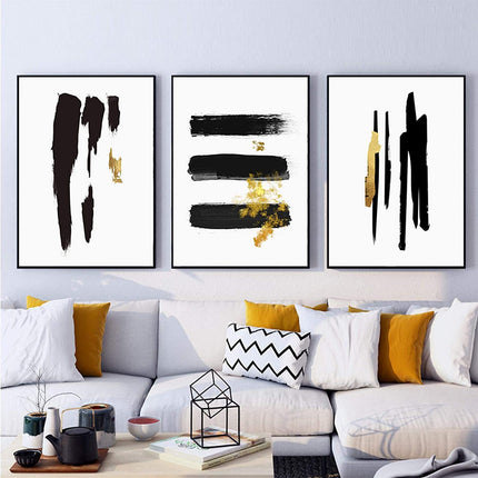 Wall Art - Abstract Gold Black Brush (3 sets) - Canvas Prints-Poster Prints