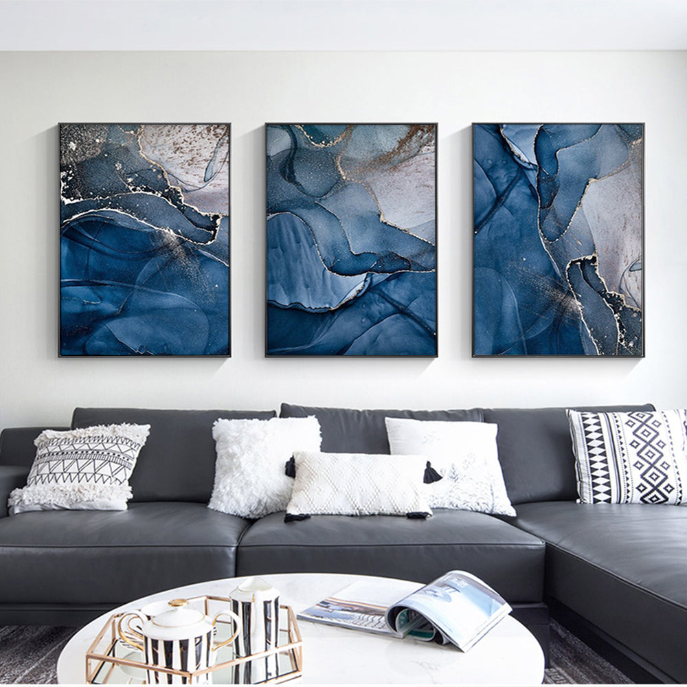 Wall Art  - Blue Gold Marble 3 Sets - Poster Prints -Canvas Prints