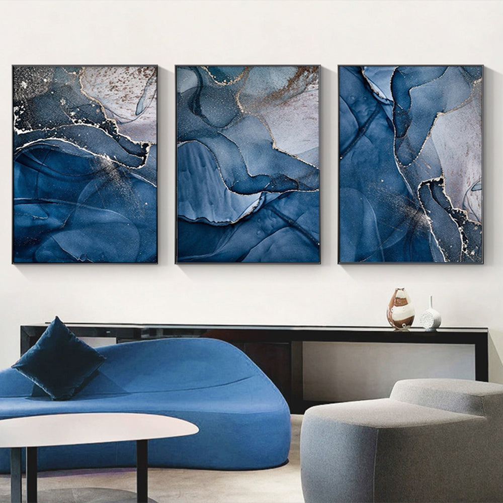 Wall Art  - Blue Gold Marble 3 Sets - Poster Prints -Canvas Prints