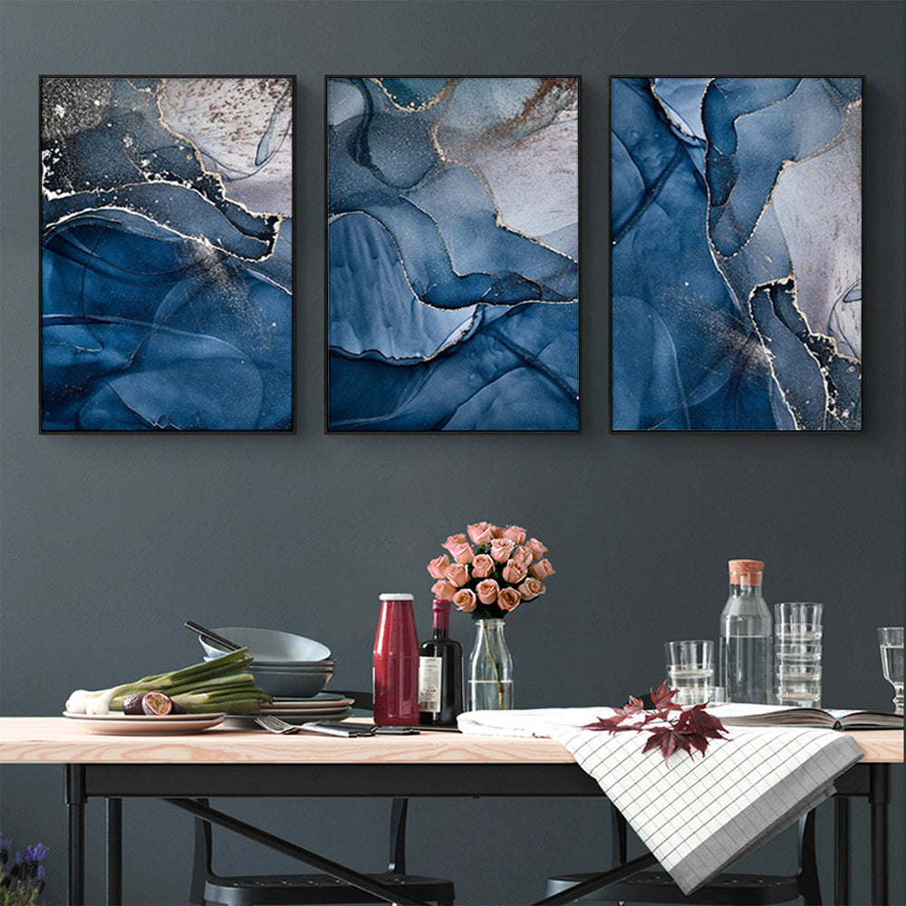 Wall Art  - Blue Gold Marble 3 Sets - Poster Prints -Canvas Prints