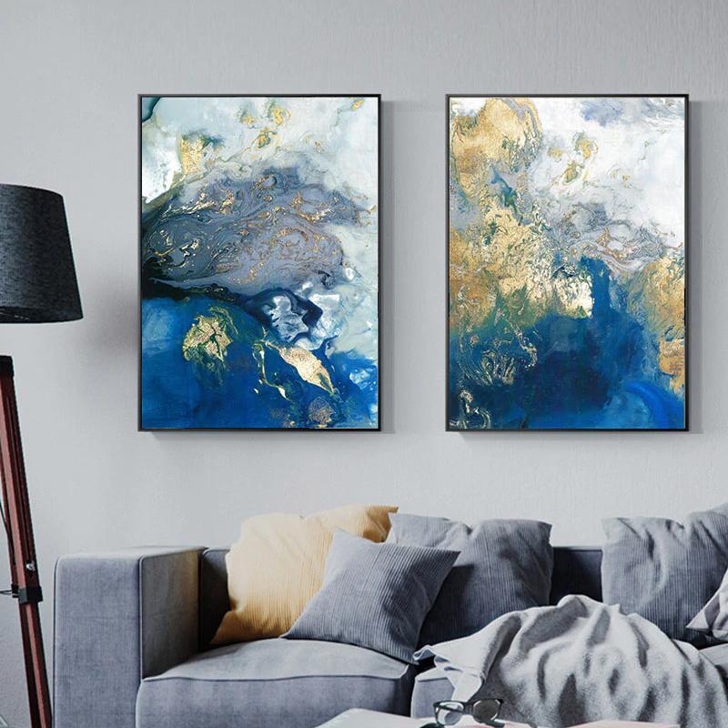 Wall art - Marbled Blue And Gold 2 sets- Canvas Prints- Poster Prints