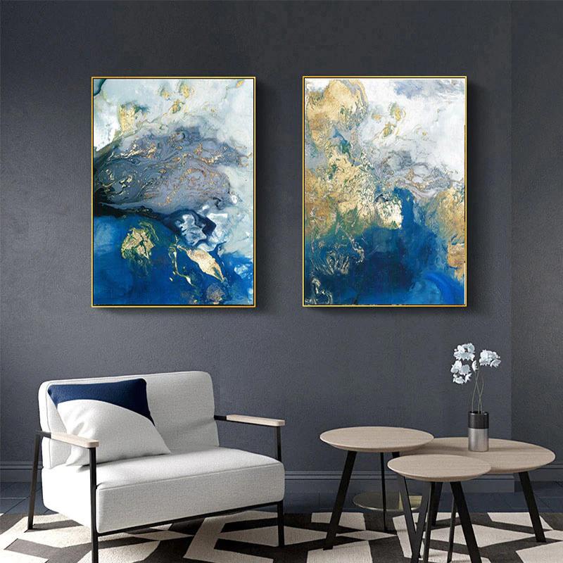 Wall art - Marbled Blue And Gold 2 sets- Canvas Prints- Poster Prints