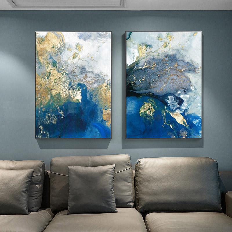 Wall art - Marbled Blue And Gold 2 sets- Canvas Prints- Poster Prints