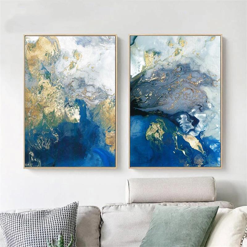 Wall art - Marbled Blue And Gold 2 sets- Canvas Prints- Poster Prints
