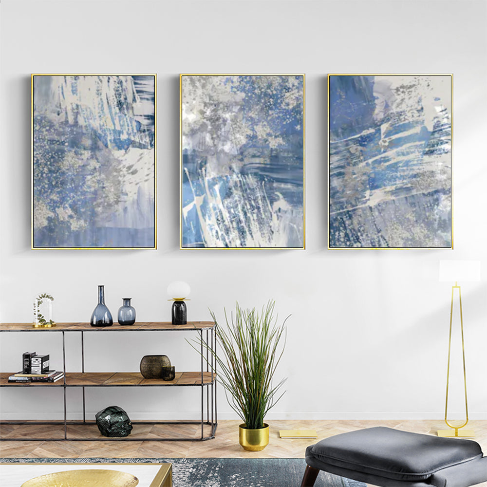 Wall Art - Blue Silver Brush Strokes (3 Sets) - Poster Prints -Canvas Prints