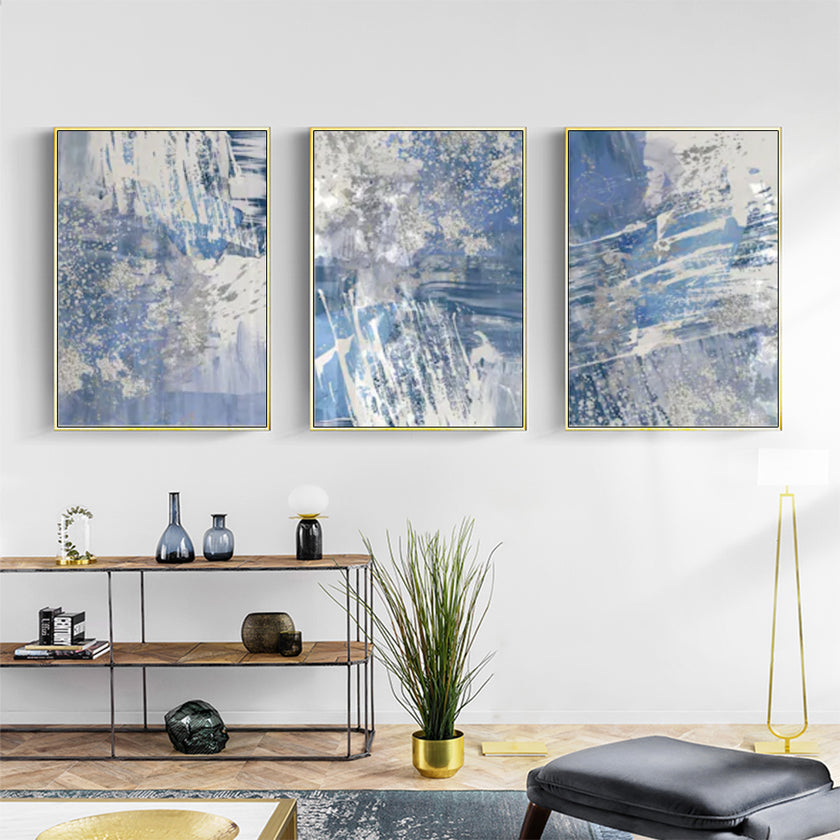Wall Art - Blue Silver Brush Strokes (3 Sets) - Poster Prints -Canvas Prints