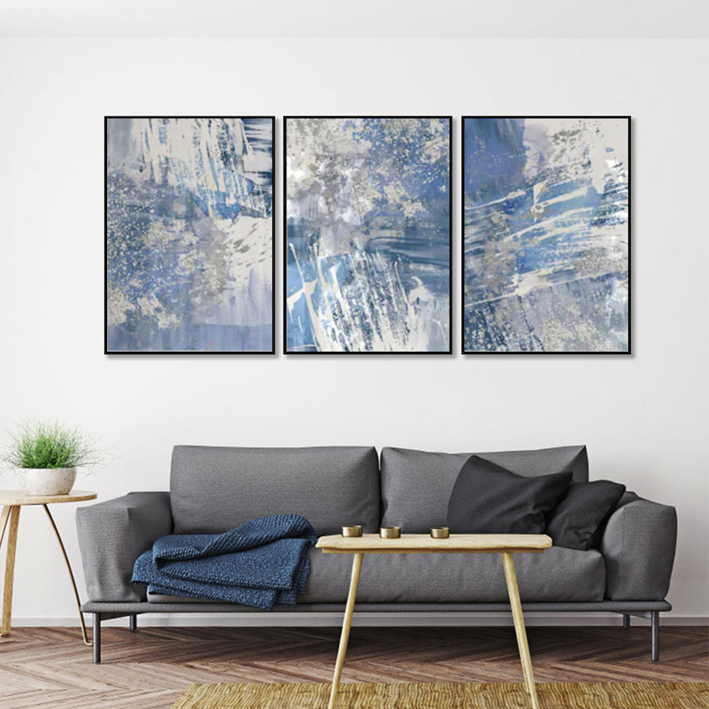 Wall Art - Blue Silver Brush Strokes (3 Sets) - Poster Prints -Canvas Prints