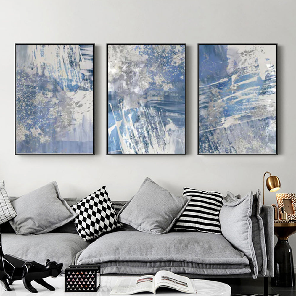 Wall Art - Blue Silver Brush Strokes (3 Sets) - Poster Prints -Canvas Prints