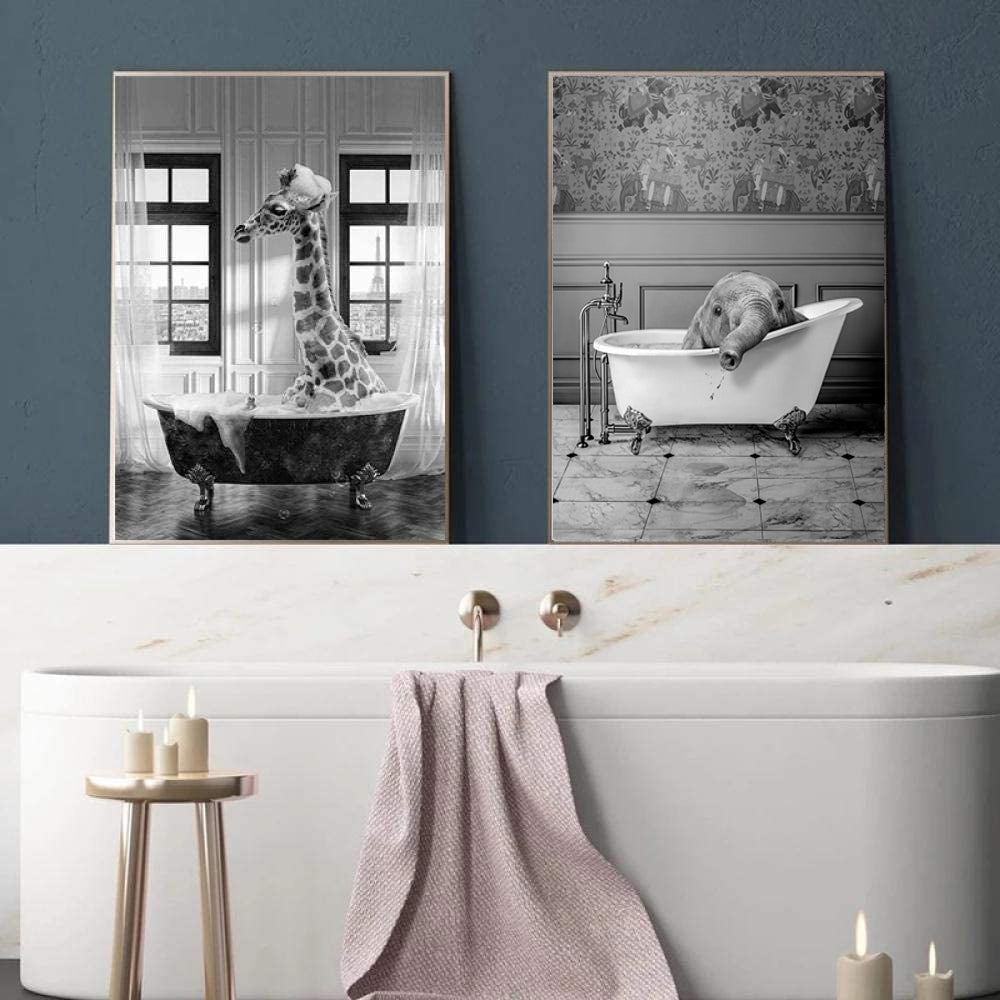 Wall art - Giraffe And Elephant In Bathroom (2 sets)- Canvas Prints- Poster Prints