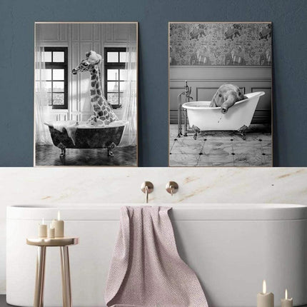 Wall art - Giraffe And Elephant In Bathroom (2 sets)- Canvas Prints- Poster Prints