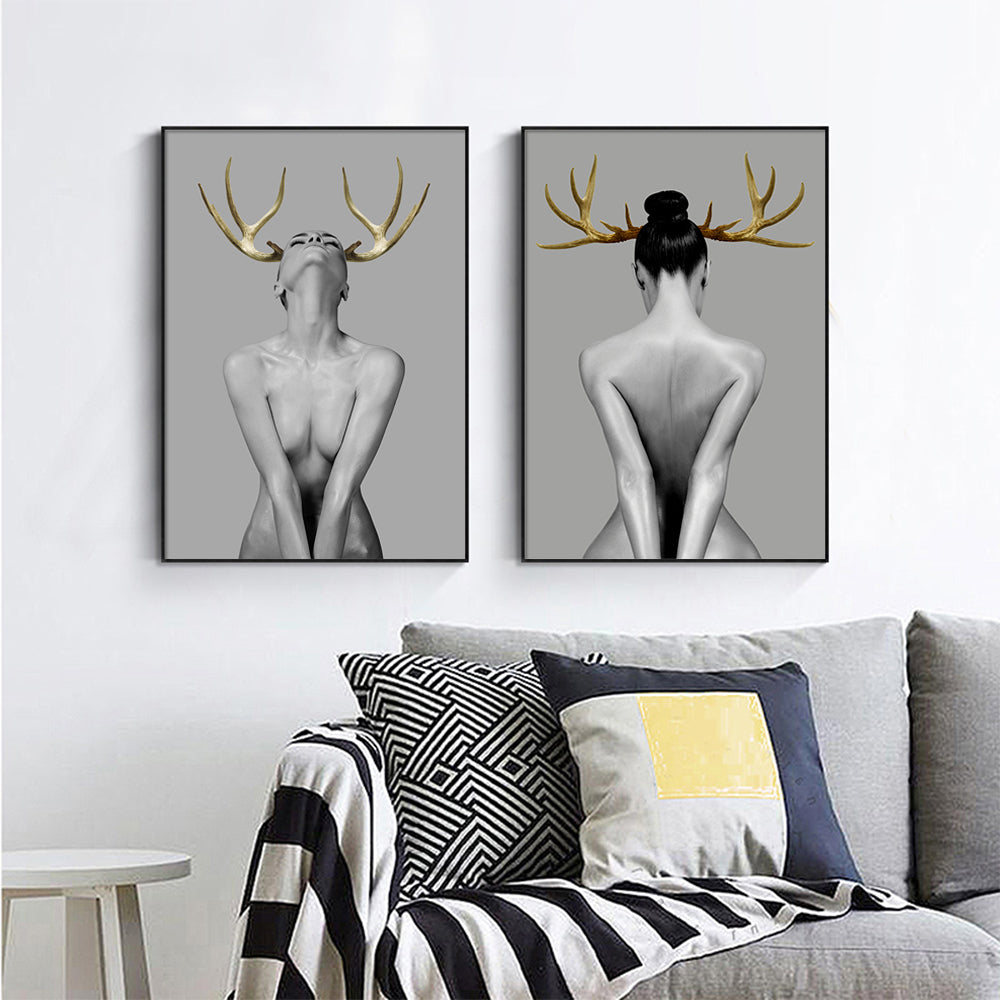 Wall art - Girl With Gold Horn (2 sets)- Canvas Prints- Poster Prints