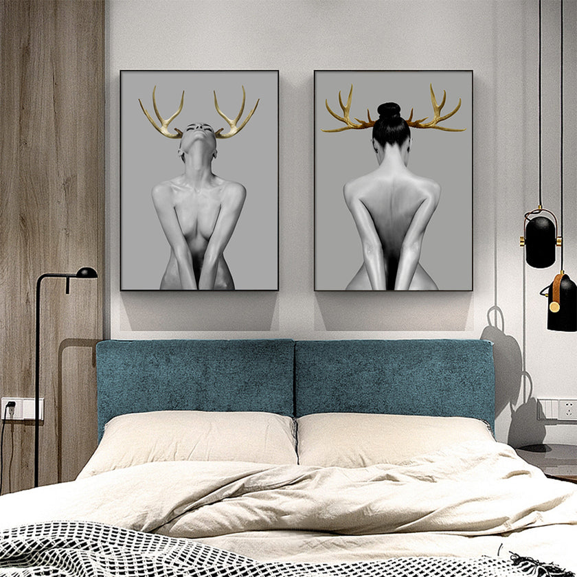 Wall art - Girl With Gold Horn (2 sets)- Canvas Prints- Poster Prints