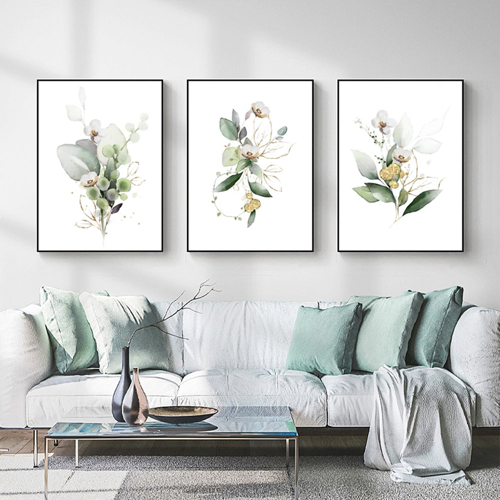 Wall Art  - Green and Gold Watercolor Botanical 3 Sets - Poster Prints -Canvas Prints