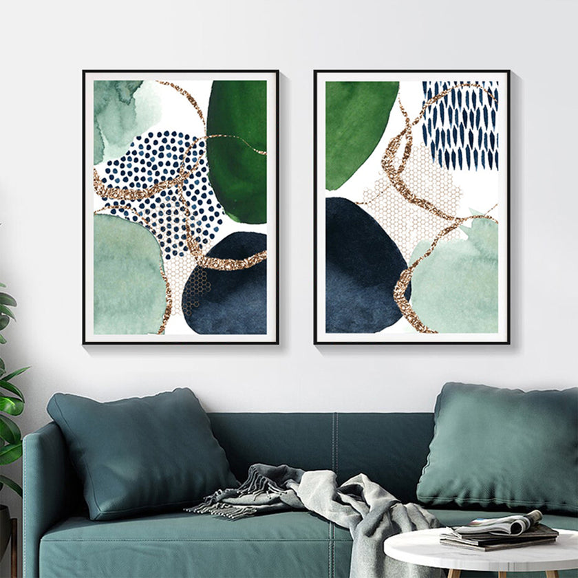 Wall art - Abstract Green and Navy (2 sets)- Canvas Prints- Poster Prints