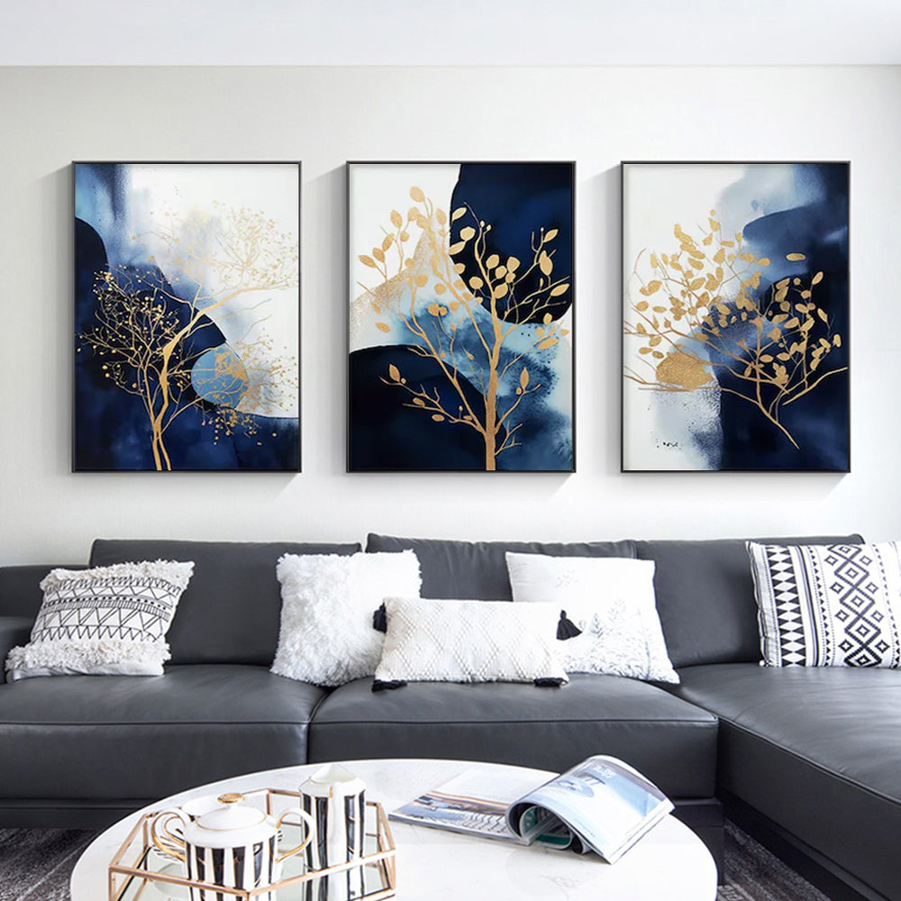 Wall Art - Navy and Gold Watercolor Shapes (3 Sets) - Poster Prints -Canvas Prints