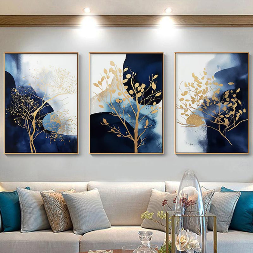 Wall Art - Navy and Gold Watercolor Shapes (3 Sets) - Poster Prints -Canvas Prints
