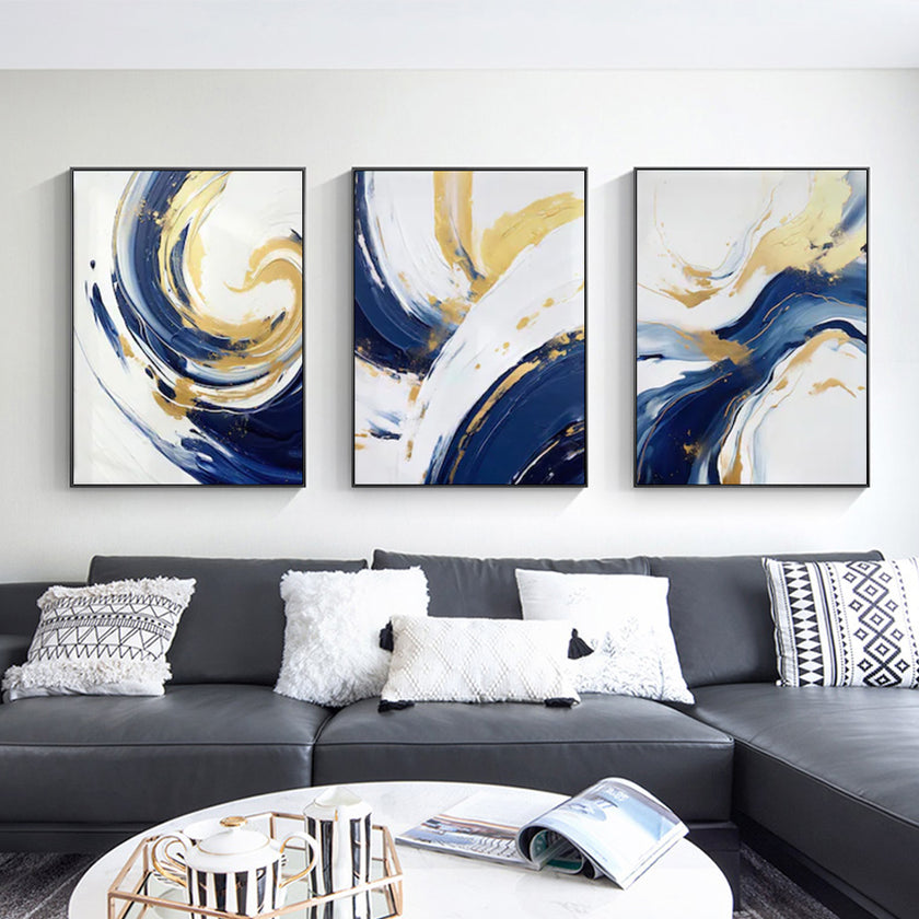 Wall Art - Navy and Gold Watercolor Shapes (3 Sets) - Poster Prints -Canvas Prints