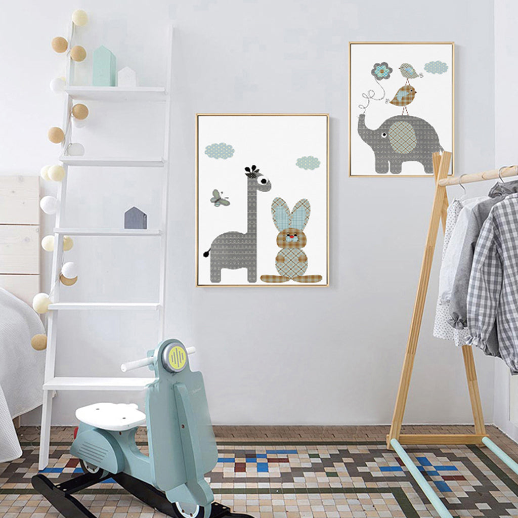 Wall art - Cartoon Giraffe Rabbit Elephant 2 sets- Canvas Prints- Poster Prints