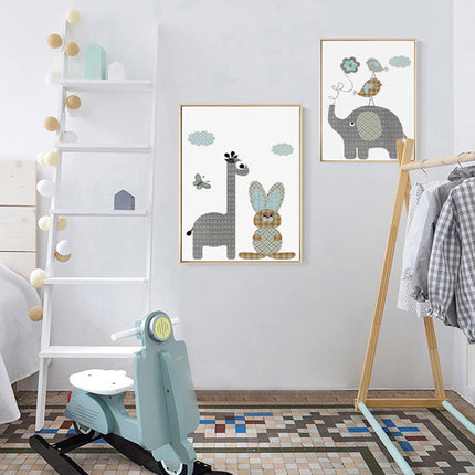 Wall art - Cartoon Giraffe Rabbit Elephant 2 sets- Canvas Prints- Poster Prints