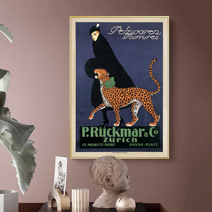 Wall Art - Woman Walking Leopard Vintage - Canvas Prints-Poster Prints