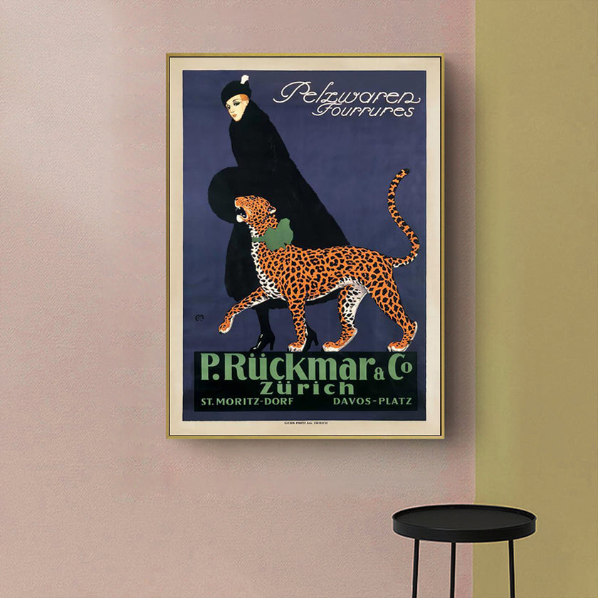 Wall Art - Woman Walking Leopard Vintage - Canvas Prints-Poster Prints