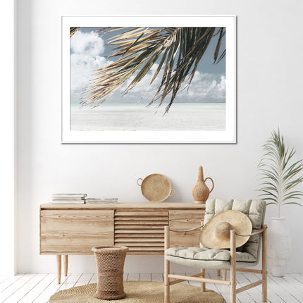 Landscape art prints -Green coconut tree leaves under blue and white sky- PHOTO ART PRINTS- Poster Prints -Canvas Prints