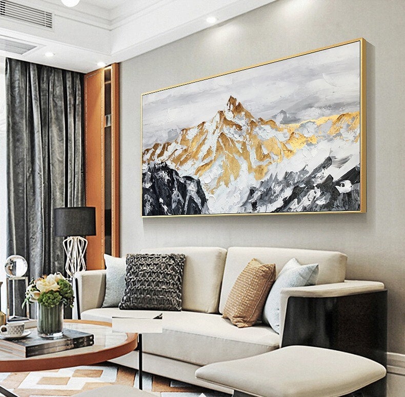 Rolled canvas, Large Original Golden Mountain Oil Painting on Canvas, Abstract Gold Foil Mountain Painting, Living Room Home Wall Art