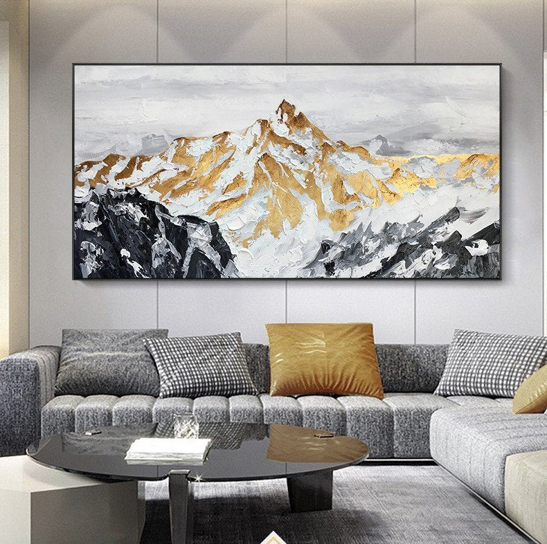 Rolled canvas, Large Original Golden Mountain Oil Painting on Canvas, Abstract Gold Foil Mountain Painting, Living Room Home Wall Art