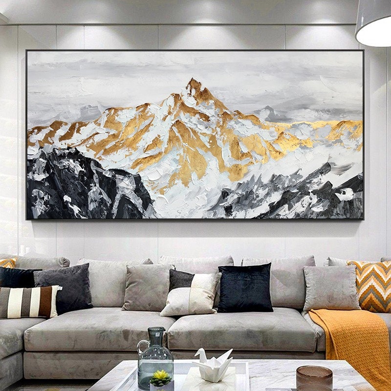 Rolled canvas, Large Original Golden Mountain Oil Painting on Canvas, Abstract Gold Foil Mountain Painting, Living Room Home Wall Art