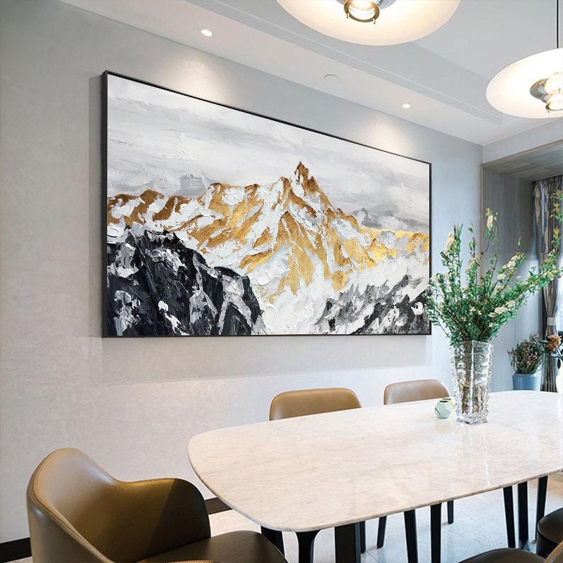 Rolled canvas, Large Original Golden Mountain Oil Painting on Canvas, Abstract Gold Foil Mountain Painting, Living Room Home Wall Art