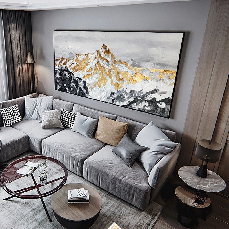 Rolled canvas, Large Original Golden Mountain Oil Painting on Canvas, Abstract Gold Foil Mountain Painting, Living Room Home Wall Art