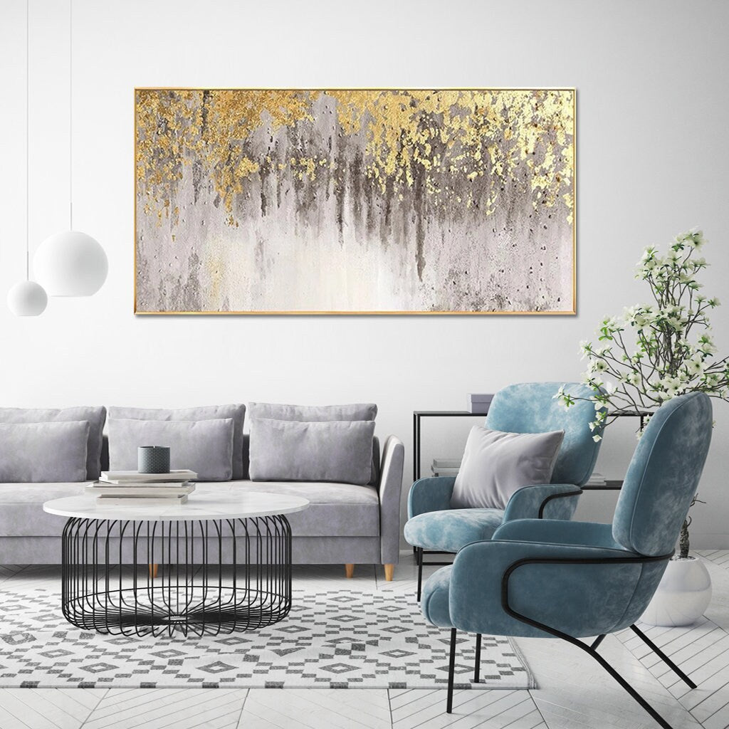 Large size Abstract Gold Foil Oil Painting On Canvas, Original Gold Leaf Painting, Rolled Custom Painting, Modern Living Room Decor