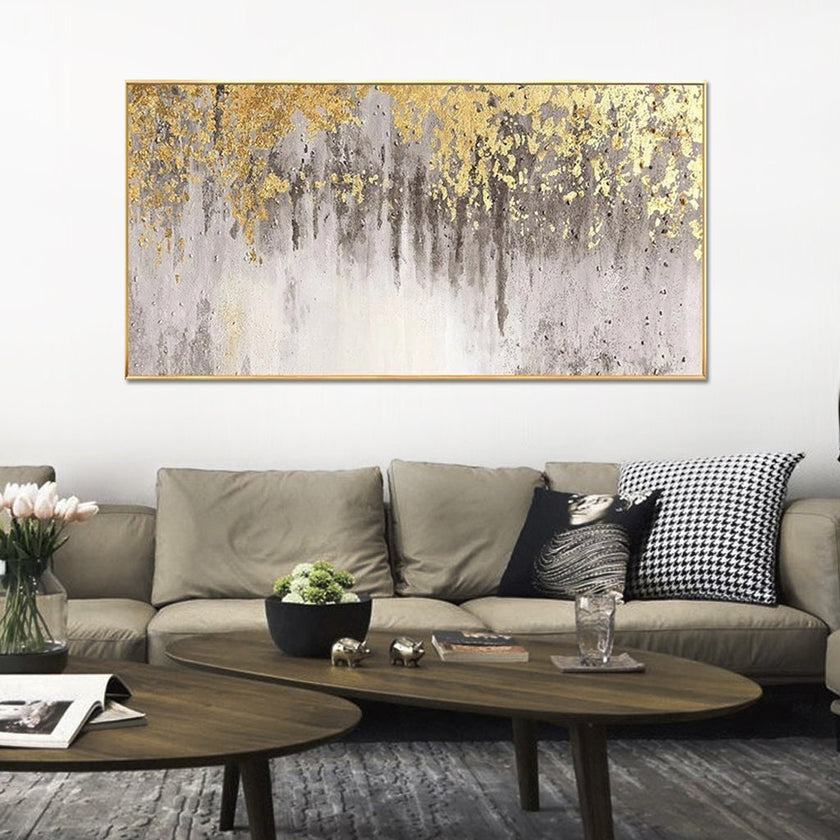 Large size Abstract Gold Foil Oil Painting On Canvas, Original Gold Leaf Painting, Rolled Custom Painting, Modern Living Room Decor