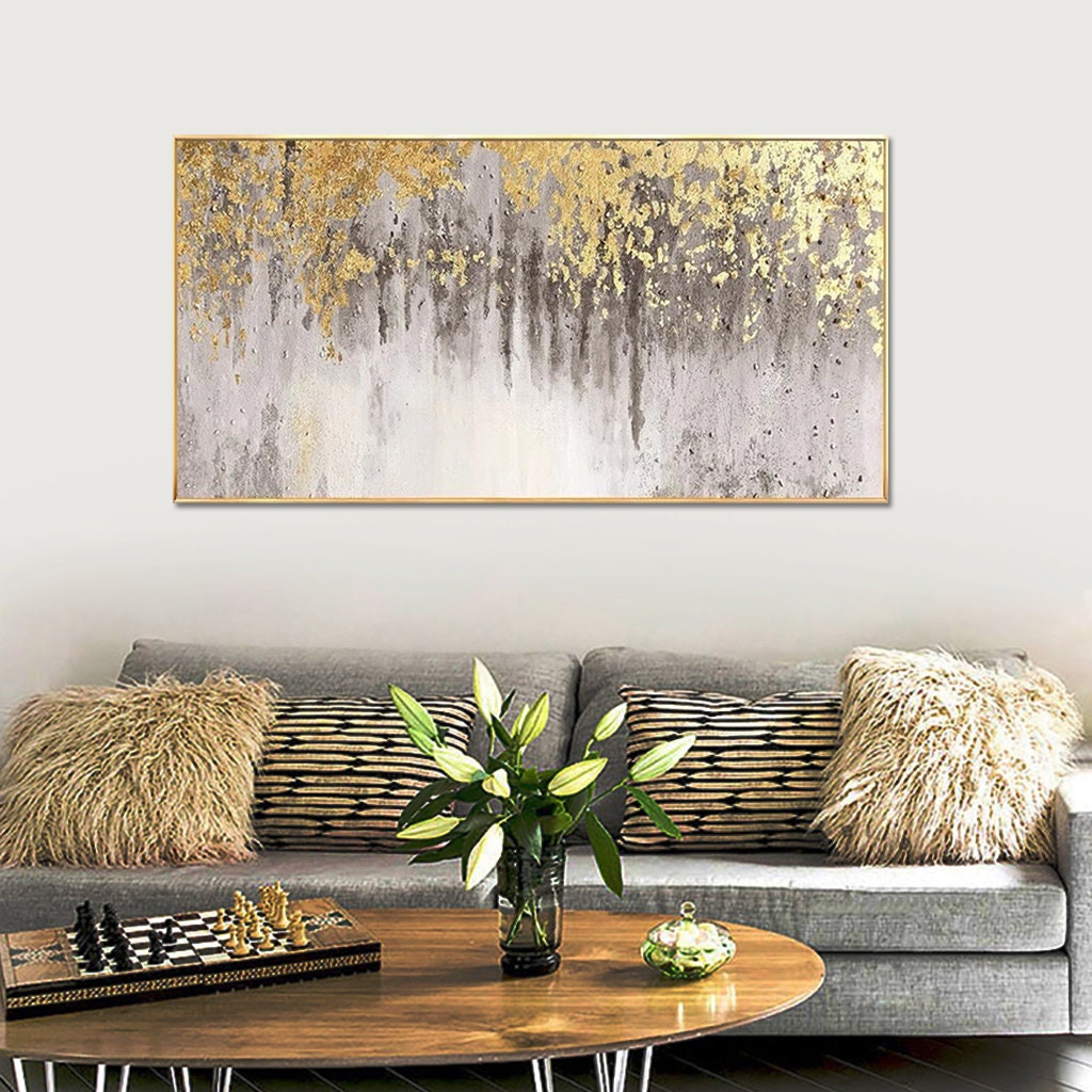 Large size Abstract Gold Foil Oil Painting On Canvas, Original Gold Leaf Painting, Rolled Custom Painting, Modern Living Room Decor