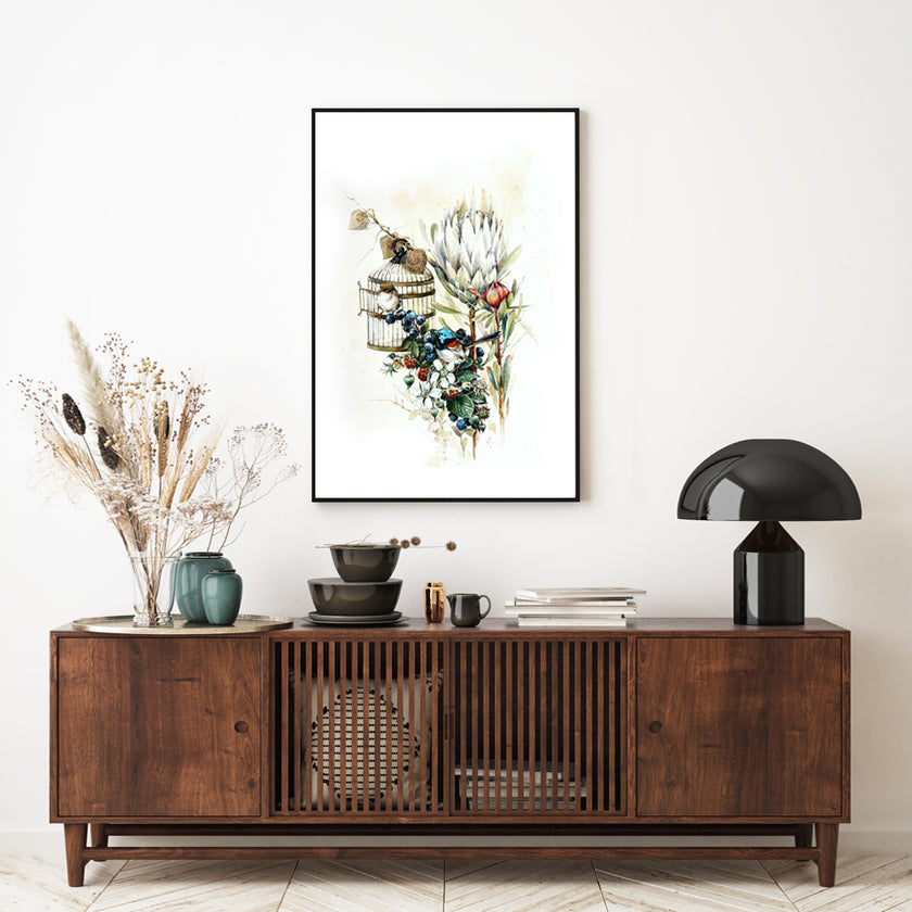 Wall art - Berries And Protea Watercolor Style - Canvas Prints - Poster Prints